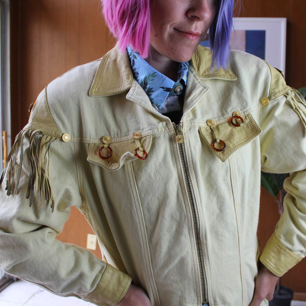 VTG SUN yellow leather jacket w/ fringe